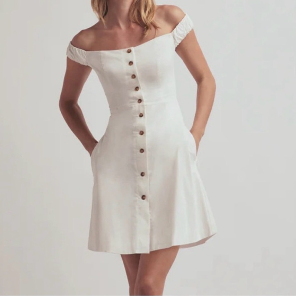 Favorite Daughter Off-the-Shoulder Cream Button-Front Mini Dress